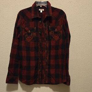 True Religion Red and Black Plaid Button Front Shirt Sz Lg